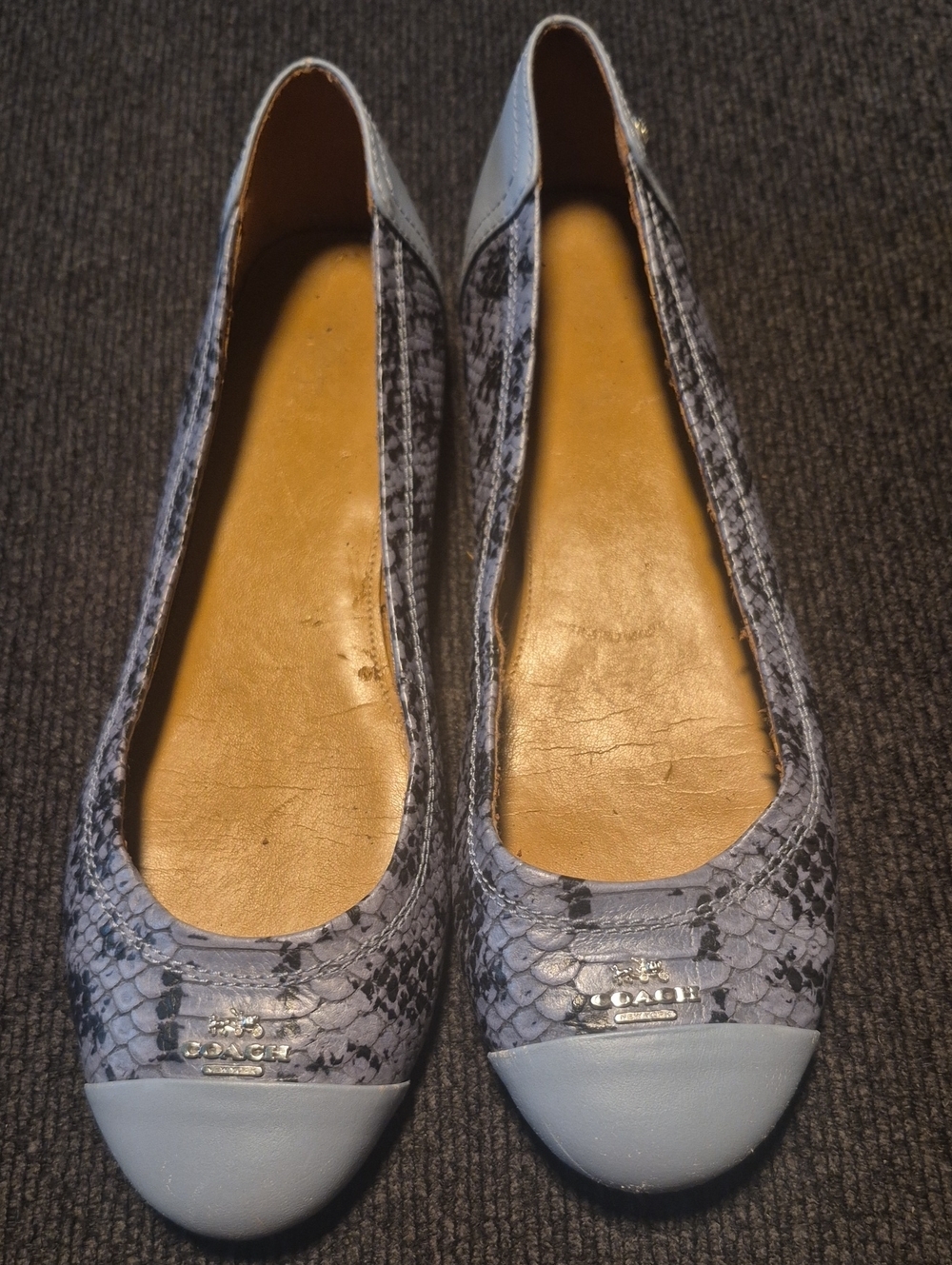 Coach Light Blue Snake-Print Cap Toe Flats